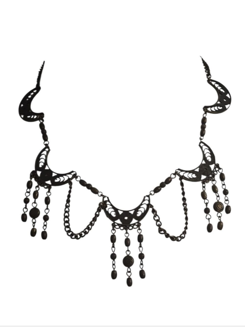 Bohemian Bronze Crescent Fringe Necklace